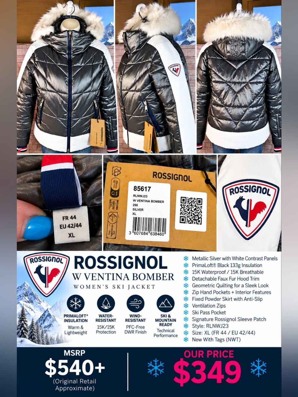 Rossignol Ventina Bomber Ski Jacket XL Silver PrimaLoft Faux Fur NWT